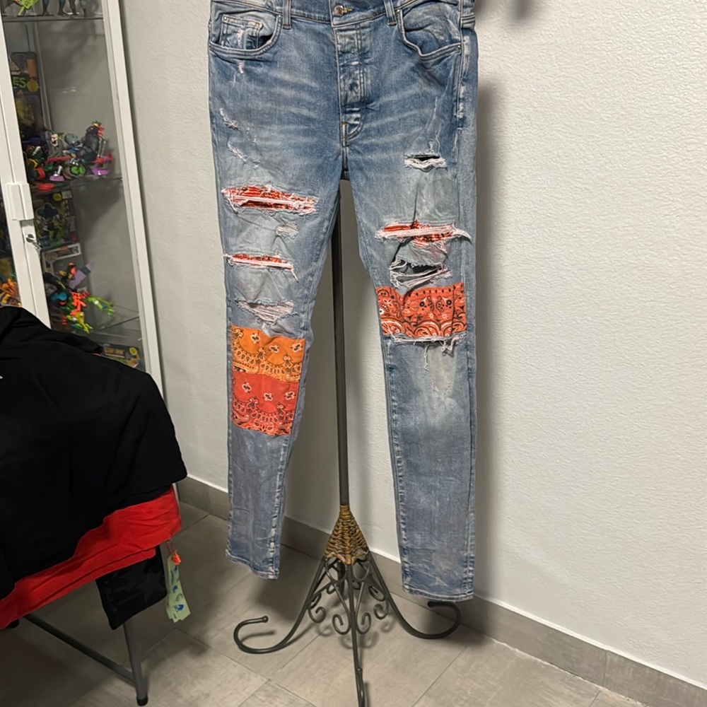 AMIRI Blue and Orange Straight Jeans with Distressed Details